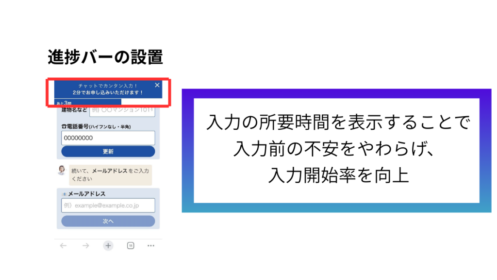 入力前の不安を減らす（所要時間・進捗・メリット提示）